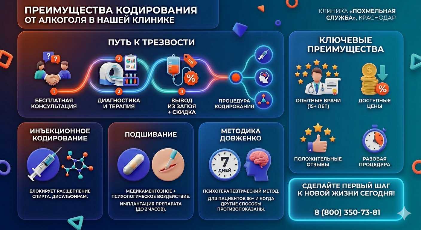 Инфографика о методах кодирования от алкоголя в Усмани: инъекции, подшивание, метод Довженко. Преимущества клиники и этапы лечения.